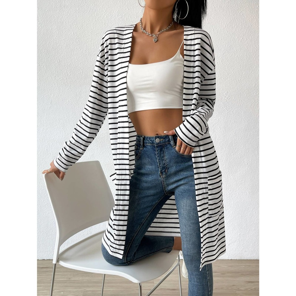 Striped Open Front cardigan sweater white - Picture 1 of 6